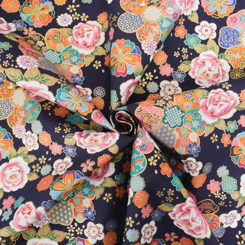 Coton Imprimé Rose et Sakura Bleu Marine - Maison Klem